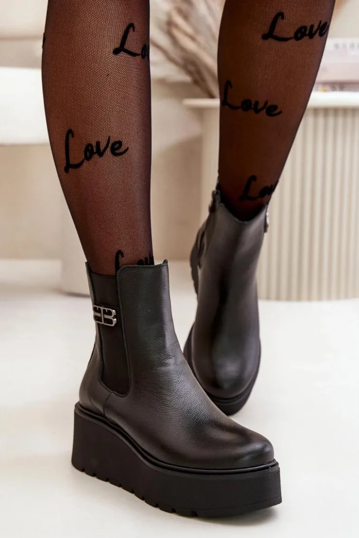 Zazoo Botki Ocieplane|Botki Skórzane*60498 Damskie Skórzane Botki Sztyblety Na Platformie I Koturnie Czarne Czarny