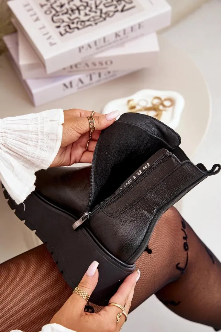 Zazoo Botki Ocieplane|Botki Skórzane*60498 Damskie Skórzane Botki Sztyblety Na Platformie I Koturnie Czarne Czarny