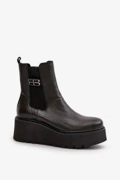 Zazoo Botki Ocieplane|Botki Skórzane*60498 Damskie Skórzane Botki Sztyblety Na Platformie I Koturnie Czarne Czarny