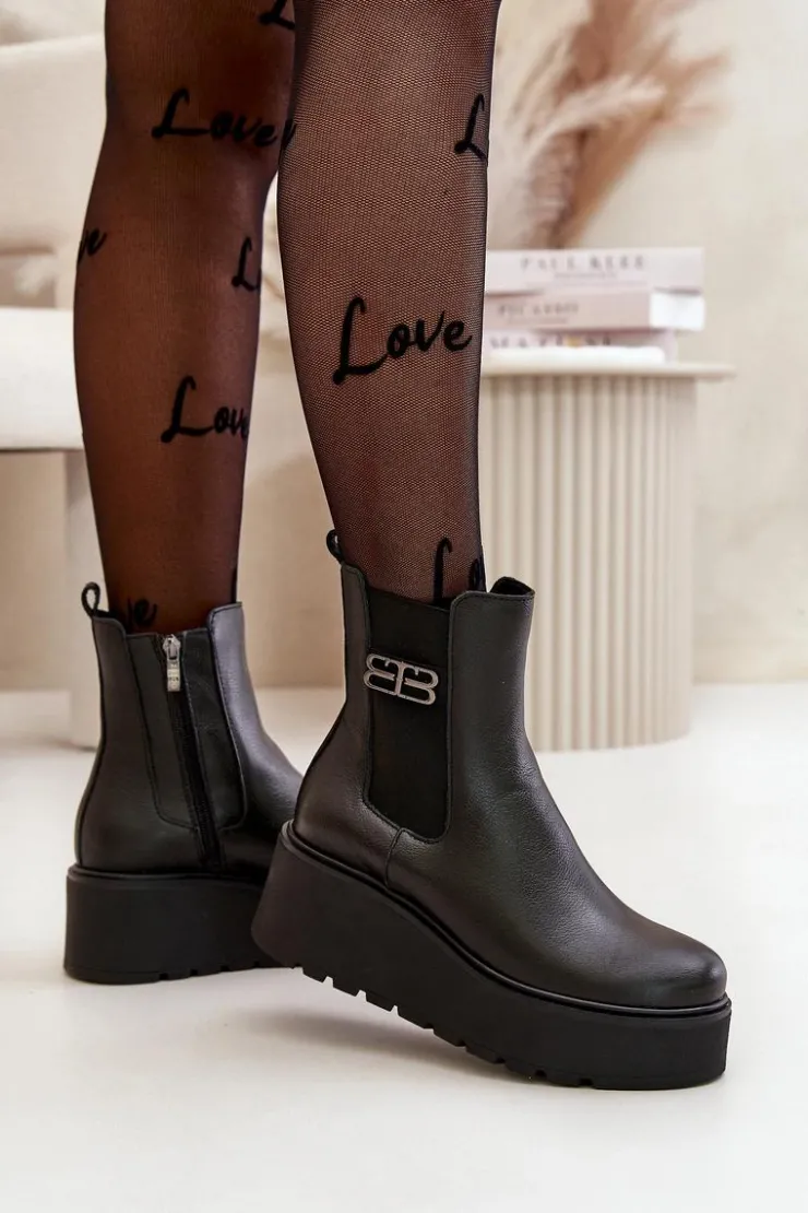 Zazoo Botki Ocieplane|Botki Skórzane*60498 Damskie Skórzane Botki Sztyblety Na Platformie I Koturnie Czarne Czarny