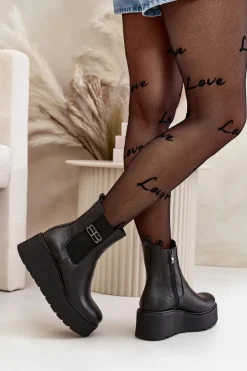 Zazoo Botki Ocieplane|Botki Skórzane*60498 Damskie Skórzane Botki Sztyblety Na Platformie I Koturnie Czarne Czarny