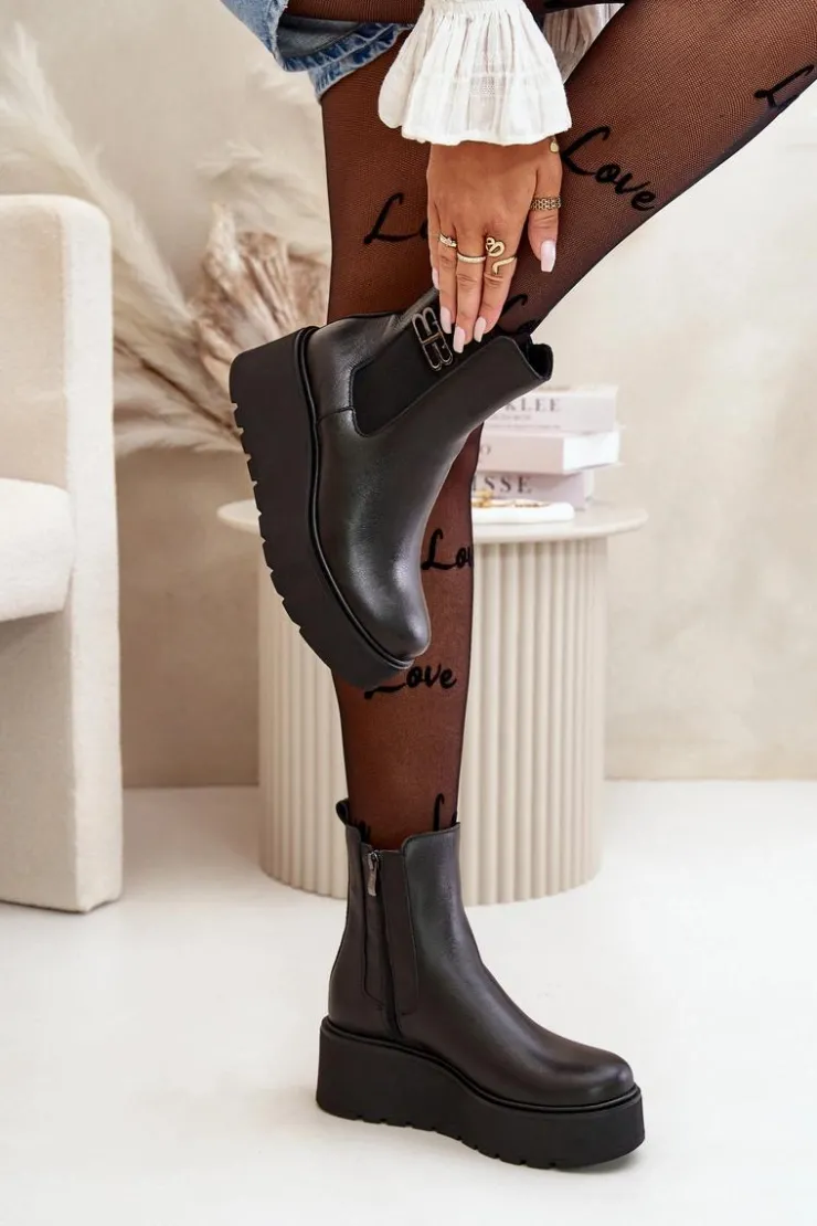 Zazoo Botki Ocieplane|Botki Skórzane*60498 Damskie Skórzane Botki Sztyblety Na Platformie I Koturnie Czarne Czarny