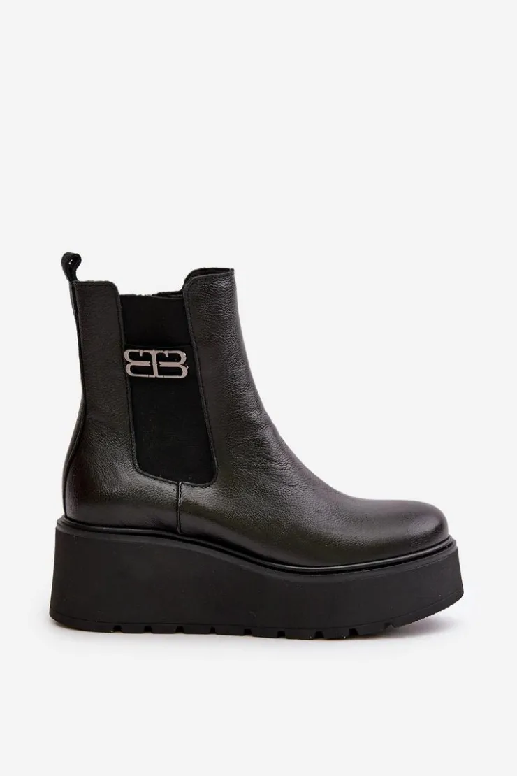 Zazoo Botki Ocieplane|Botki Skórzane*60498 Damskie Skórzane Botki Sztyblety Na Platformie I Koturnie Czarne Czarny