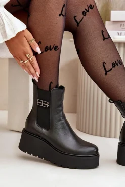 Zazoo Botki Ocieplane|Botki Skórzane*60498 Damskie Skórzane Botki Sztyblety Na Platformie I Koturnie Czarne Czarny