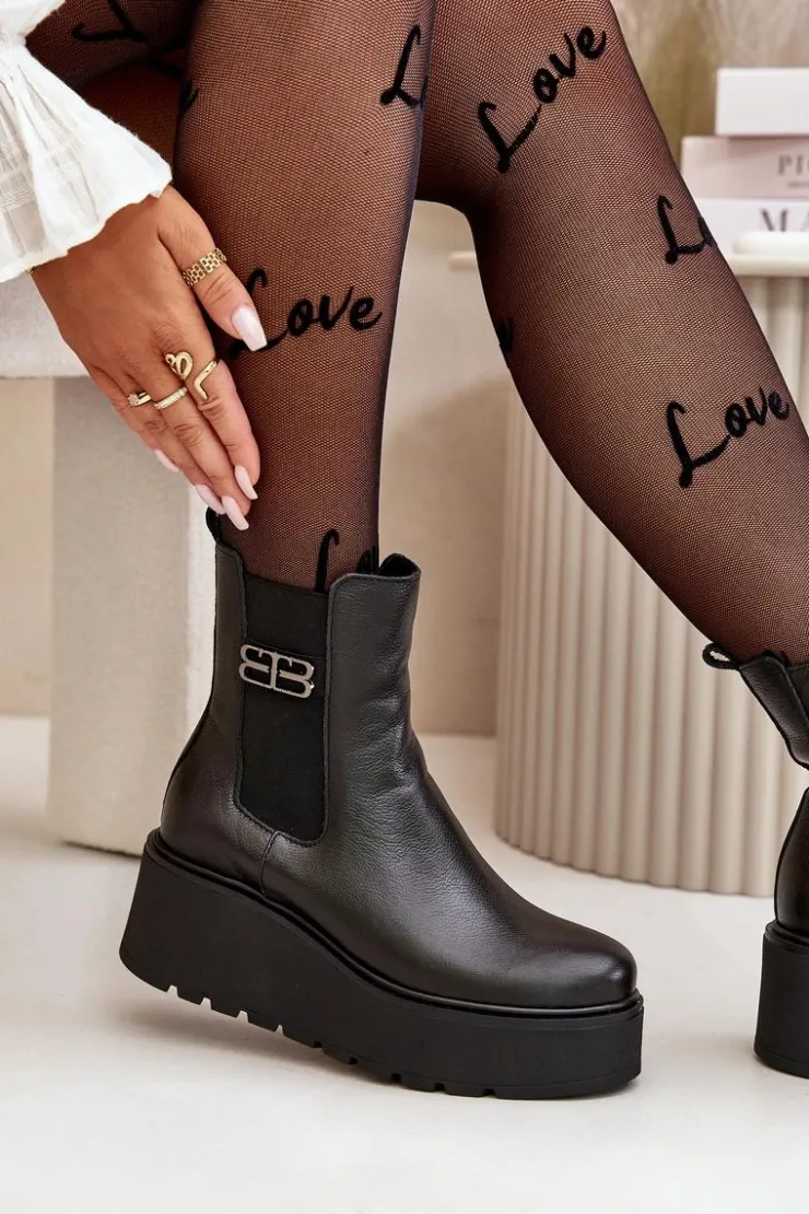 Zazoo Botki Ocieplane|Botki Skórzane*60498 Damskie Skórzane Botki Sztyblety Na Platformie I Koturnie Czarne Czarny