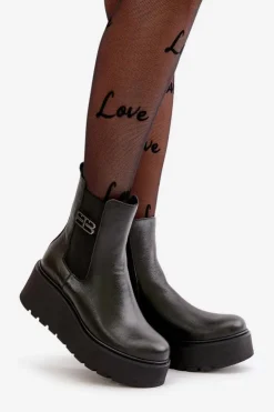 Zazoo Botki Ocieplane|Botki Skórzane*60498 Damskie Skórzane Botki Sztyblety Na Platformie I Koturnie Czarne Czarny