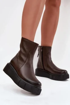 Clearance Zazoo 60369 Damskie Skórzane Botki Na Platformie Czekoladowe Brązowy