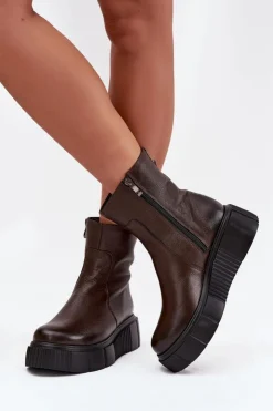 Clearance Zazoo 60369 Damskie Skórzane Botki Na Platformie Czekoladowe Brązowy