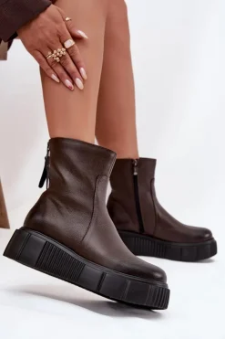 Clearance Zazoo 60369 Damskie Skórzane Botki Na Platformie Czekoladowe Brązowy