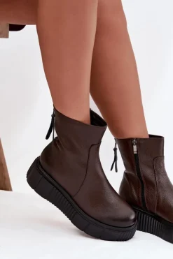 Clearance Zazoo 60369 Damskie Skórzane Botki Na Platformie Czekoladowe Brązowy