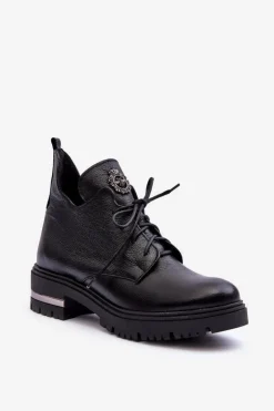 Boto Botki Sznurowane|Czarne Botki*Zazoo 60309 Damskie Skórzane Botki Na Płaskim Obcasie Czarne