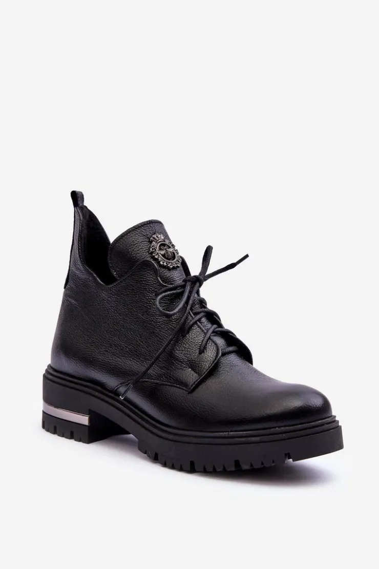 Boto Botki Sznurowane|Czarne Botki*Zazoo 60309 Damskie Skórzane Botki Na Płaskim Obcasie Czarne