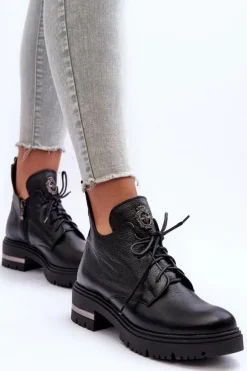 Boto Botki Sznurowane|Czarne Botki*Zazoo 60309 Damskie Skórzane Botki Na Płaskim Obcasie Czarne