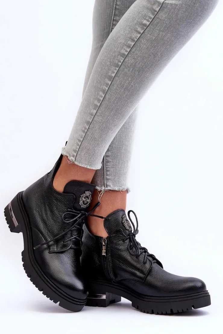 Boto Botki Sznurowane|Czarne Botki*Zazoo 60309 Damskie Skórzane Botki Na Płaskim Obcasie Czarne