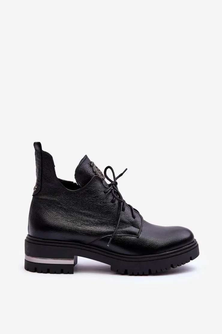 Boto Botki Sznurowane|Czarne Botki*Zazoo 60309 Damskie Skórzane Botki Na Płaskim Obcasie Czarne