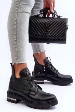 Boto Botki Sznurowane|Czarne Botki*Zazoo 60309 Damskie Skórzane Botki Na Płaskim Obcasie Czarne