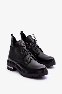 Boto Botki Sznurowane|Czarne Botki*Zazoo 60309 Damskie Skórzane Botki Na Płaskim Obcasie Czarne