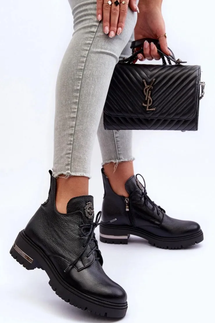 Boto Botki Sznurowane|Czarne Botki*Zazoo 60309 Damskie Skórzane Botki Na Płaskim Obcasie Czarne