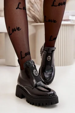 Boto Zazoo 60451 Damskie Skórzane Botki Z Ozdobą Lakierowane Czarne