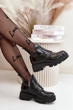 Boto Zazoo 60451 Damskie Skórzane Botki Z Ozdobą Lakierowane Czarne