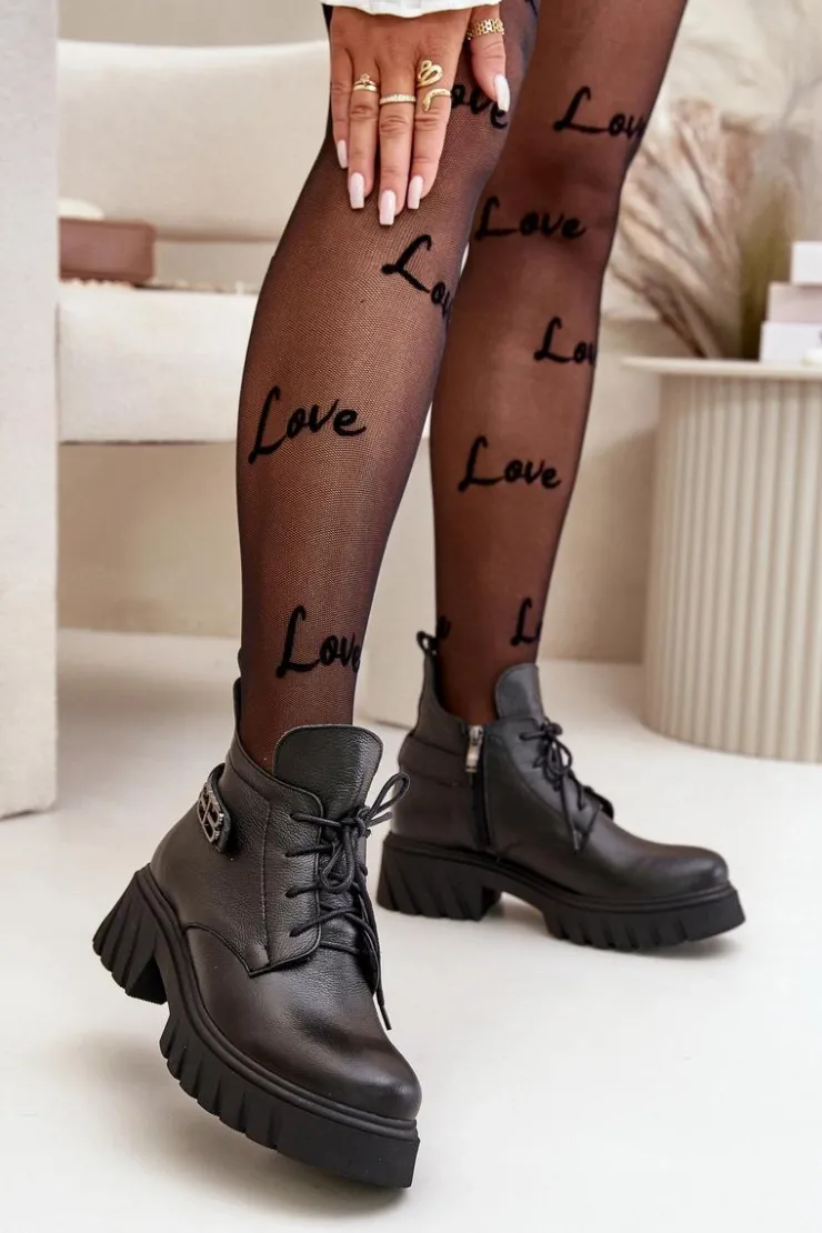 New Zazoo 60483 Damskie Skórzane Botki Z Niską Cholewką Ocieplane Czarne Czarny