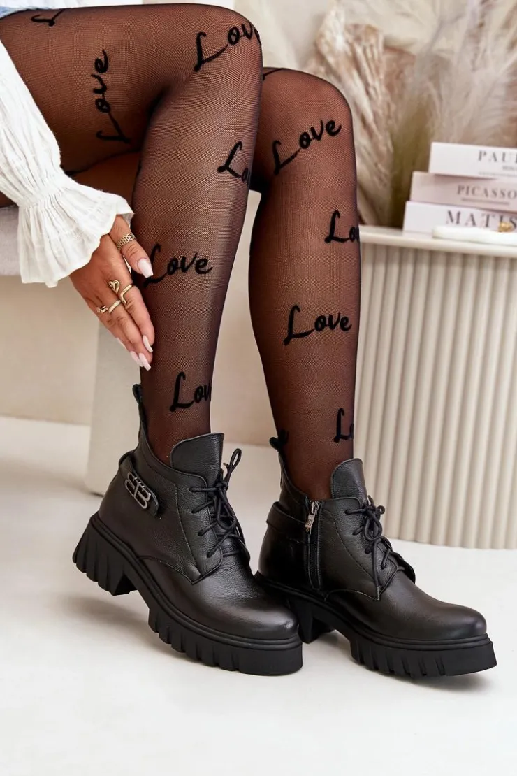 New Zazoo 60483 Damskie Skórzane Botki Z Niską Cholewką Ocieplane Czarne Czarny