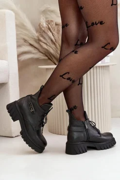 New Zazoo 60483 Damskie Skórzane Botki Z Niską Cholewką Ocieplane Czarne Czarny