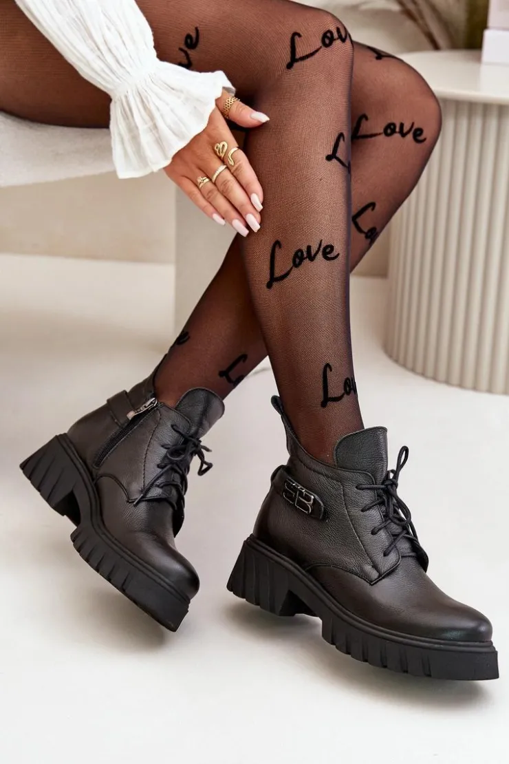 New Zazoo 60483 Damskie Skórzane Botki Z Niską Cholewką Ocieplane Czarne Czarny