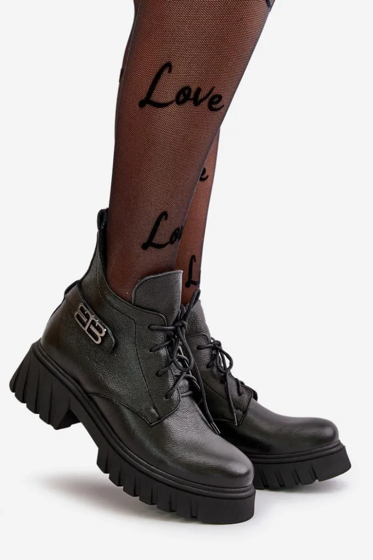 New Zazoo 60483 Damskie Skórzane Botki Z Niską Cholewką Ocieplane Czarne Czarny