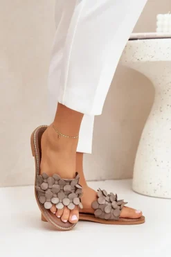 Best Zazoo 40381 Damskie Skórzane Klapki Na Płaskim Obcasie Taupe Beżowy