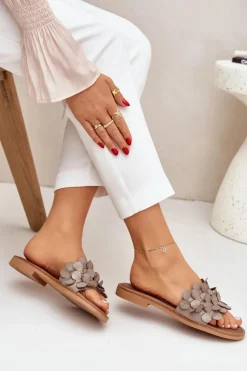 Best Zazoo 40381 Damskie Skórzane Klapki Na Płaskim Obcasie Taupe Beżowy