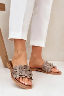 Best Zazoo 40381 Damskie Skórzane Klapki Na Płaskim Obcasie Taupe Beżowy