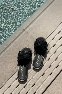 Zazoo Klapki Damskie Klasyczne*40381 Damskie Skórzane Klapki Na Płaskim Obcasie Czarne Czarny