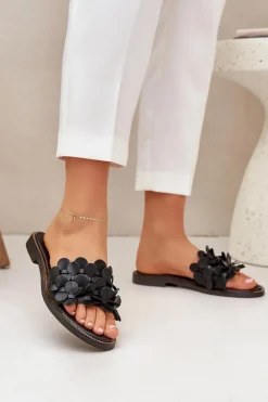 Zazoo Klapki Damskie Klasyczne*40381 Damskie Skórzane Klapki Na Płaskim Obcasie Czarne Czarny