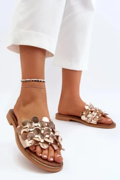 Damskie Zazoo 40381 Damskie Skórzane Klapki Na Płaskim Obcasie Złote