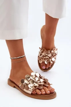 Damskie Zazoo 40381 Damskie Skórzane Klapki Na Płaskim Obcasie Złote