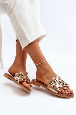 Damskie Zazoo 40381 Damskie Skórzane Klapki Na Płaskim Obcasie Złote