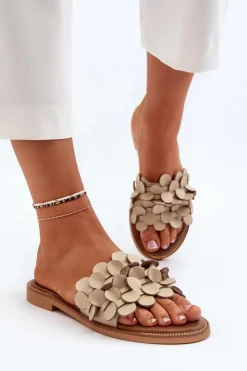 Zazoo Klapki Damskie Klasyczne*40381 Damskie Skórzane Klapki Na Płaskim Obcasie Beżowe Beżowy