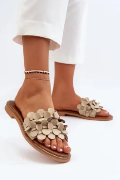 Zazoo Klapki Damskie Klasyczne*40381 Damskie Skórzane Klapki Na Płaskim Obcasie Beżowe Beżowy