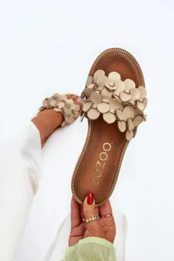 Zazoo Klapki Damskie Klasyczne*40381 Damskie Skórzane Klapki Na Płaskim Obcasie Beżowe Beżowy