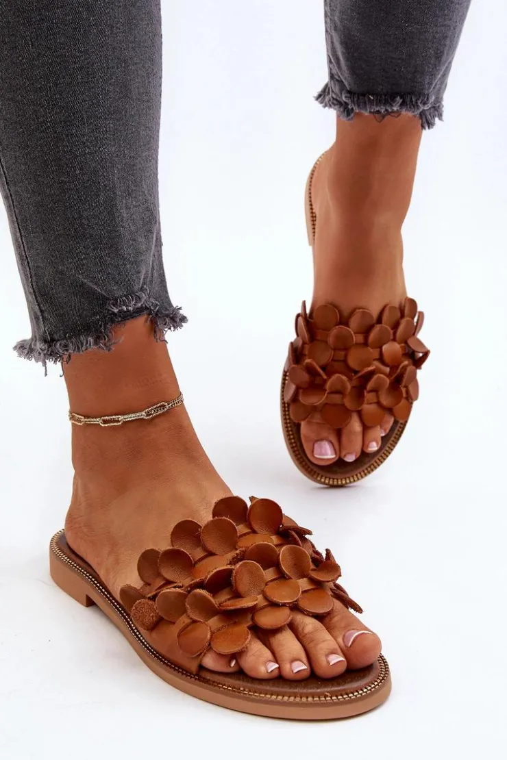 Damskie Zazoo 40381 Damskie Skórzane Klapki Na Płaskim Obcasie Brązowe