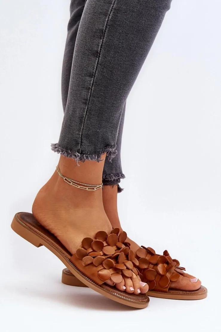 Damskie Zazoo 40381 Damskie Skórzane Klapki Na Płaskim Obcasie Brązowe