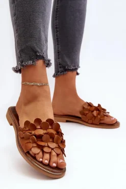 Damskie Zazoo 40381 Damskie Skórzane Klapki Na Płaskim Obcasie Brązowe