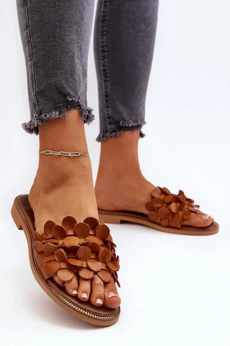 Damskie Zazoo 40381 Damskie Skórzane Klapki Na Płaskim Obcasie Brązowe