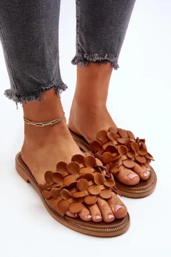 Damskie Zazoo 40381 Damskie Skórzane Klapki Na Płaskim Obcasie Brązowe