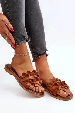 Damskie Zazoo 40381 Damskie Skórzane Klapki Na Płaskim Obcasie Brązowe