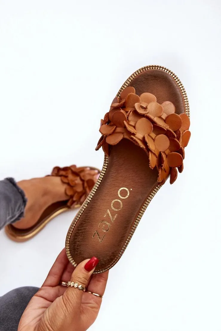 Damskie Zazoo 40381 Damskie Skórzane Klapki Na Płaskim Obcasie Brązowe