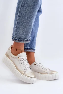 Hot Zazoo 2919 Damskie Skórzane Półbuty Na Grubej Podeszwie Złote