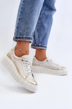 Hot Zazoo 2919 Damskie Skórzane Półbuty Na Grubej Podeszwie Złote