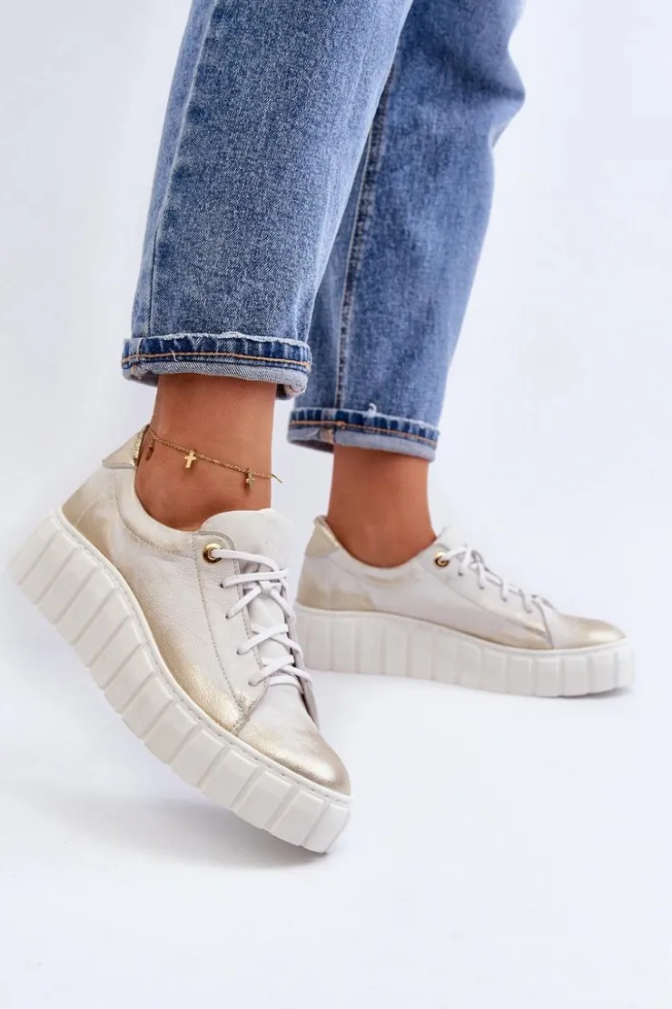 Hot Zazoo 2919 Damskie Skórzane Półbuty Na Grubej Podeszwie Złote